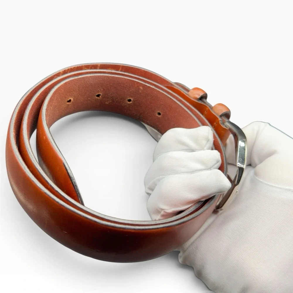 Canali Mens Leather Belt Cognac Brown Silver Buckle Made in Italy Size 90/105